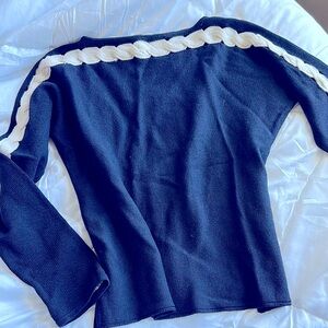 ST. JOHN Navy Blue Sweater with Cream Rope Design